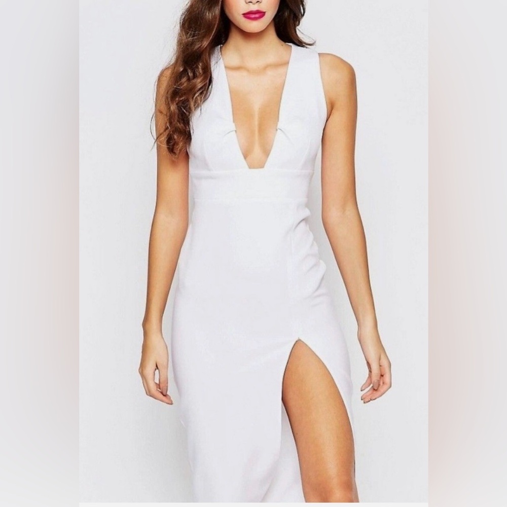 Vesper Womens White Plunge Midi Dress Thigh Slit Bodycon, Size 10